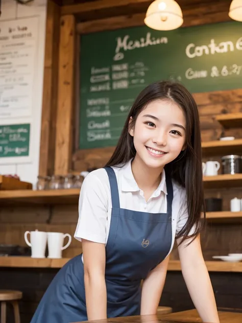 18-year-old girl working at a quiet cafe. Apron skirt.　　Cute smile　Low angle shooting