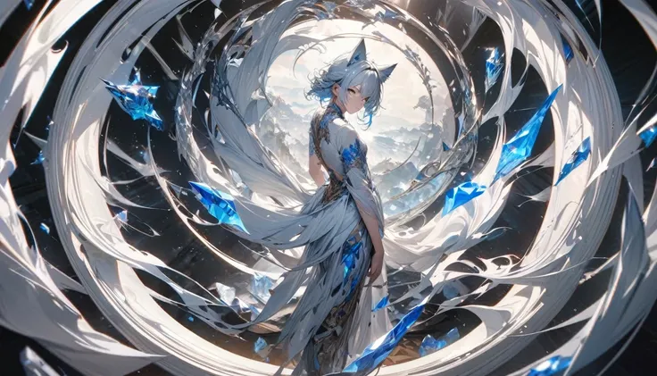 full body, shoot from front, arched back, standing, look at viewer, white, blue, black, masterpiece, high quality, best quality, detailed, hyper detailed, One boy, Facial Contour, 8K, White wolf ears boy, Crystals floating in a circle