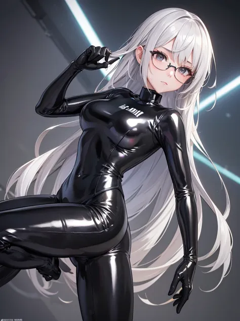 8k uhd of the highest quality. 1 girl, beautiful body, silver hair, with glasses, metallic black latex suit, pose with legs open...