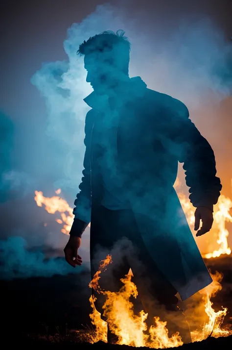 Silhouette of man wrapped in a flaming blue fog 