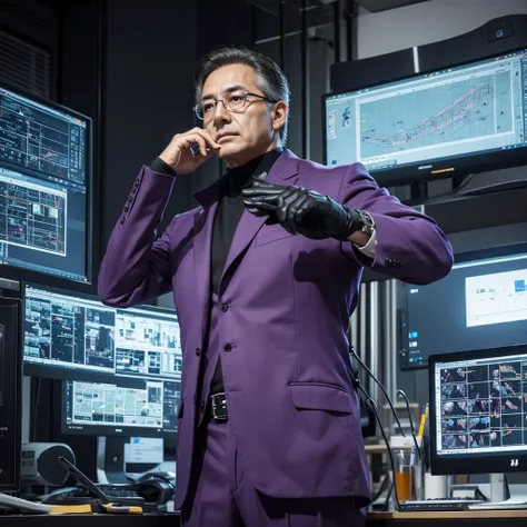 Create an image of a middle-aged male architect wearing a sophisticated purple suit. He should be portrayed in a thoughtful and strategic pose, perhaps looking over blueprints or working on a futuristic architectural model. The setting should be modern and...