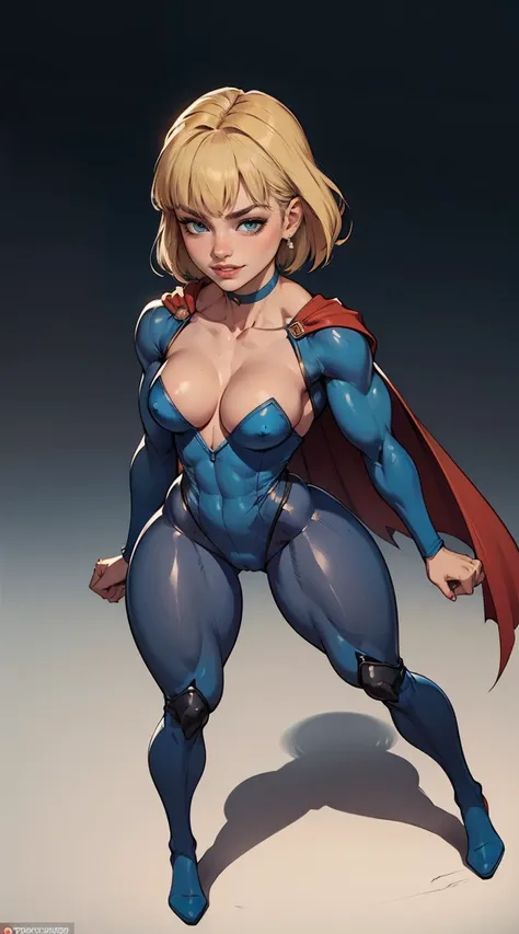 (Muscular:1.9), (thick thighs:1.9),
blonde female, (supergirl), (big smile:1.7), (blunt bangs), (ponytail:0.8),
earrings, lipstick, eyeshadow,
hard nipples, (small breasts:2),
(full body suit, blue bodysuit, cleavage:1.9), (small cape:1.3), (choker:1.2), (...