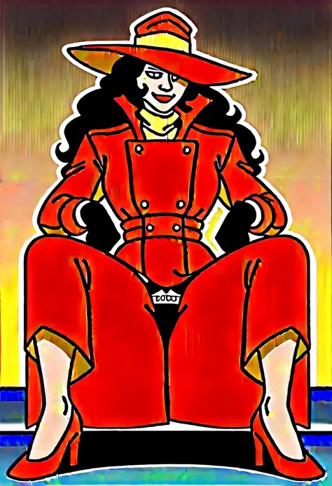 score_9, score_8_up, score_7_up, score_6_up, score_5_up, score_4_up , source_cartoon, xcarmenx, 1 girl, solo, black hair, long hair, blue eyes, makeup, lipstick, hat, trench coat, gloves, high heels, sitting on leather red chair, spread legs, smiling, red ...