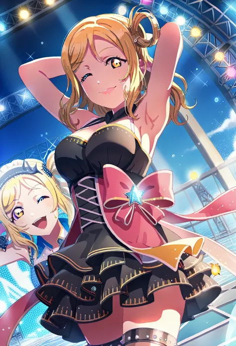 score_9, score_6_up, score_5_up, score_4_up, source_anime, masterpiece, best quality, hires,2D,love live!,big_head,glossy skin,
sparkle,idol stage,stage lights, audience, 
ohara mari,large breasts,blonde hair, yellow eyes, medium hair,(single hair ring:1.2...