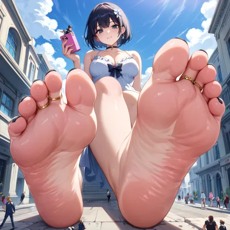 score_10, score_9_up, score_8_up, 1girl, black hair, black empty eyes, short hair, black choker, macro giantess, POV, legs crossed, foot focus, highly detailed, 32k, highly detailed feet, black toenails, high soles, toe ring, high arch, greek toe, wrinkled...