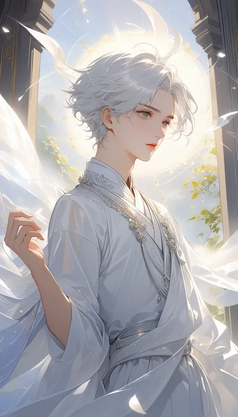 Delicate face, Downshoot, Thick acrylic, pixiv上的illustration, By Kavasi, author：John Singer, Sargent, masterpiece, Upper Body, king, one, Boys, Two hands, White eyes, White short hair,, pale White skin, Pretty Face, Divine Light, White, shirt, Rich details...