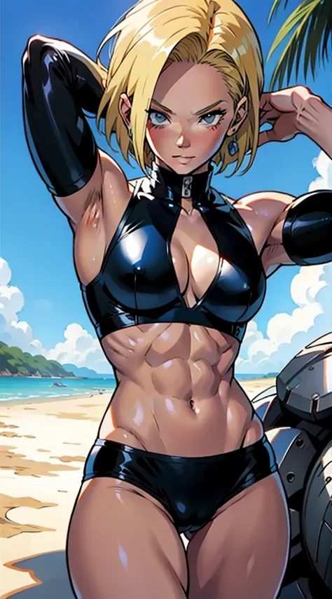 アニメ cel-shading (Android 18), bikini, on the beach in ((anime + manga + comics + cartoon) style) 