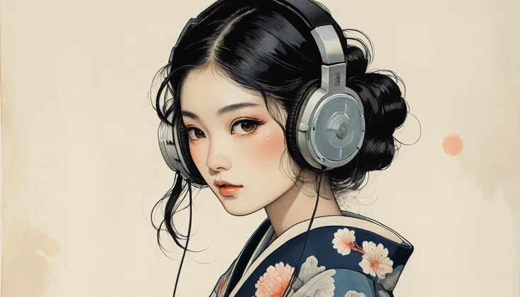 Goldfish print kimono, TATOO on the face, Highest quality, Katsushika Hokusai, Ink Painting, (((1 girl))), Japanese style headphones, beautiful girl, Black hair long hair, Delicate and precise, Modern ukiyo-e style, Darkness