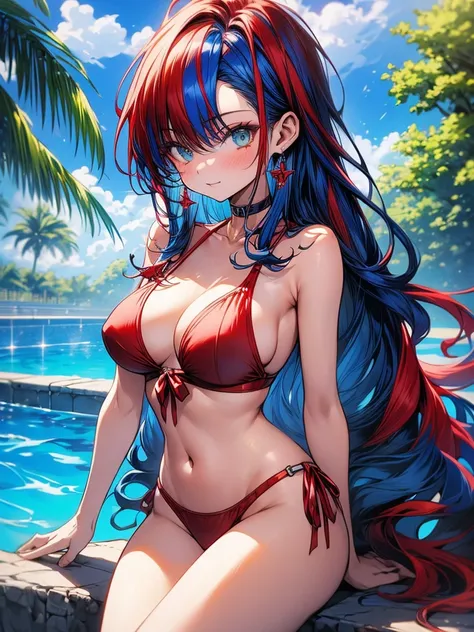 (masterpiece, best quality), 1girl, solo, (red streaked hair), (blue hair), green eyes, slim, large breasts, long hair, sexy, bikini, pool, summer