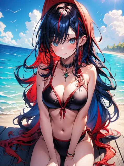 (masterpiece, best quality), 1girl, solo, (red streaked hair), (blue hair), green eyes, slim, large breasts, long hair, sexy, bikini, pool, summer