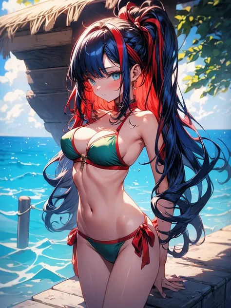 (masterpiece, best quality), 1girl, solo, (red streaked hair), (blue hair), green eyes, slim, large breasts, long hair, sexy, bikini, pool, summer