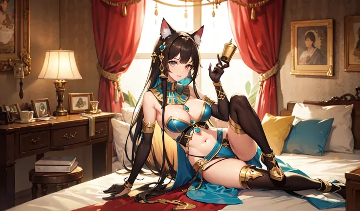 ((Highest quality)), ((masterpiece)), (detailed), 1 Cat Ear Female, sexy,celtic costume,Egypt,desert,Remains