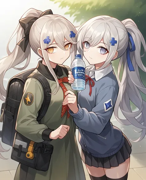 anime girl with backpack and water bottle in hand, from girls frontline, girls frontline style, official character art, digital art from danganronpa, girls frontline universe, girls frontline cg, girls frontline, silver hair (ponytail), fine details. girls...