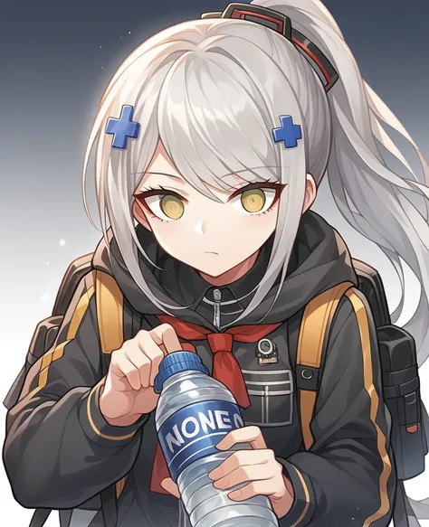 anime girl with backpack and water bottle in hand, from girls frontline, girls frontline style, official character art, digital art from danganronpa, girls frontline universe, girls frontline cg, girls frontline, silver hair (ponytail), fine details. girls...