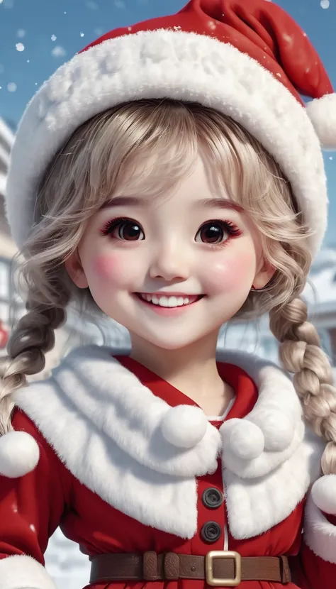 a smiling girl dressed as santa claus, full body, dynamic poses, ultra detailed, 8k, high resolution, best quality, masterpiece, chibi, snake eyes, kawaii eyes, christmas, santa costume, red and white, joyful expression, snow, winter, kawaii, cute, adorabl...