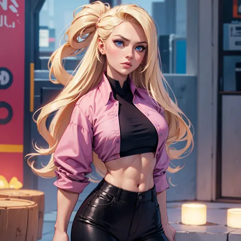 make a blonde muscular russian woman with broad shoulders blue eyes wearing a pink blouse and black pants