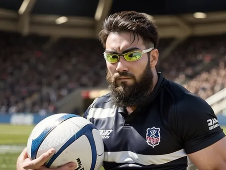 １male, solo, (yossan), Ultra-high resolution,beard, Are fat, Sports Goggles, (Rugby Player), (Rugby ball), uniform, headgear, Gloves, Ground, Stadium, game, Tackle, try, dash, Sweat, mud, Energetic, Powerful, illumination, audience, Applause, exciting, int...