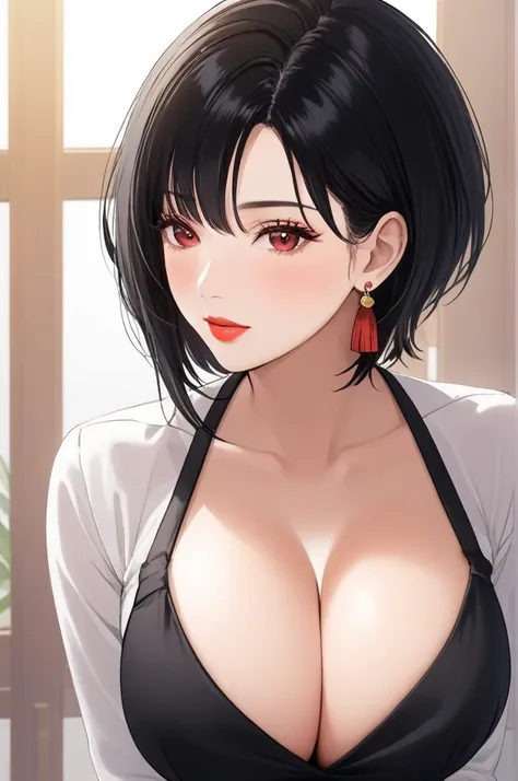 Masterpiece, best quality, 8K, high tone, super detail, Hot sexy beautiful cute mature milf , tassel earrings,  lipstick,makeup, black hair ,blush,short hair , red eyes,makeup,red lipstick , white shirt,skirt stocking, cleavage ,upper body 