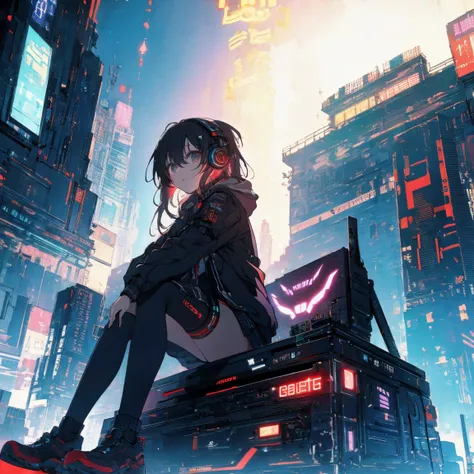 Highest quality、masterpiece、night、Headphones、cyber punk、Cyber City、One Girl、Sitting on high ground、Mid Shot、High position