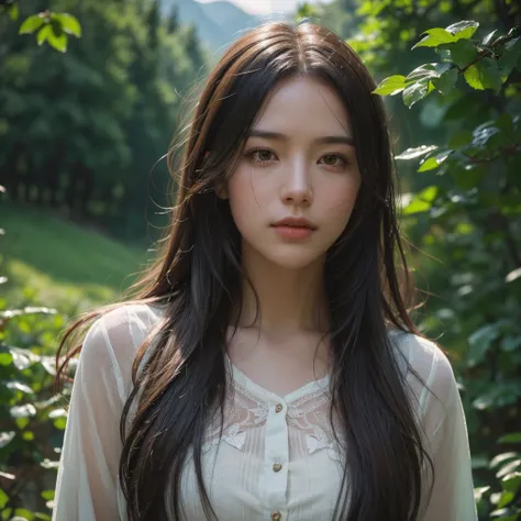 1girl,long flowing hair,high mountains,slightly damp,cloudy,shady trees,(best quality,4k,8k,highres,masterpiece:1.2),ultra-detailed,(realistic,photorealistic,photo-realistic:1.37),portrait,landscape,soft lighting,warm color tones,intricate details