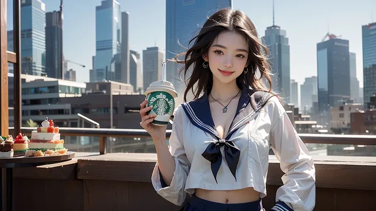 8K、RAW Photos、Highest quality、Super detailed、Super Resolution、Ultra HD、8K壁紙、Amazing details
(((Starbucks outdoor cafe、16 year old high school girl in sailor suit)))、((Eat cake、Drink coffee、smile))、Heart Necklace(Emphasize cleavage)
(Full body photo)
(((Sky...