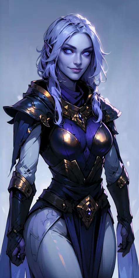 Character:

Female
Chest covered (presumably by clothing)
Smiling
Skin: Gray and purple
Hair: Pale golden
Eyes: Violet
Attire:

Prefers white and silver clothing
Deep blue or purple cloak (optional)
Background:

Plain
Image details:

High resolution ((high...