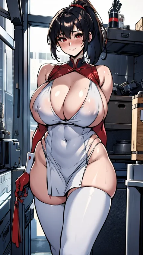 18-year-old girl，Baby Face，Crimson short-haired，ponytail hairstyle，Smile，Huge breasts，cleavage，Sheer red sleeveless top，Leave space in the middle to reveal cleavage，Soaked all over，Blushing，Red eyes，Female spy，Red miniskirt，White gloves，White hand sleeves，...