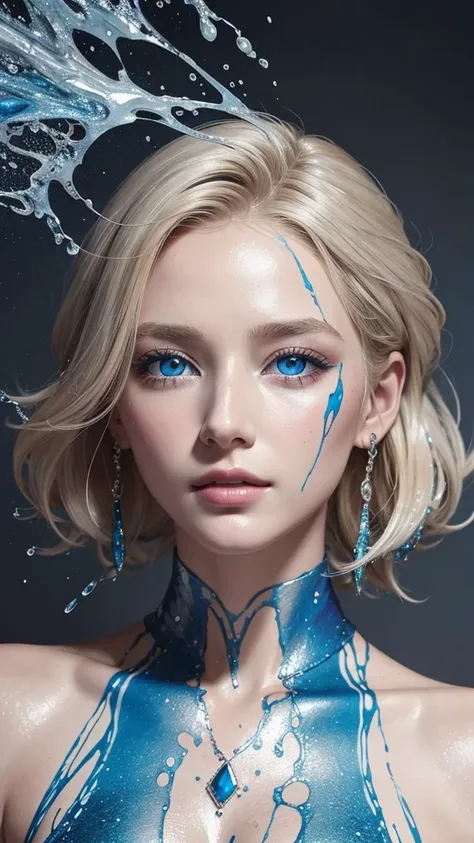 Beautiful supermodel woman with blonde hair, Hair with subtle highlights, Blue-gray eyes, Mixed Media, Wet paint, Jewel Beetle, Colored Background, The color of the liquid flowing on her face, photograph：Jinnah Chan. - At six o&#39;clock