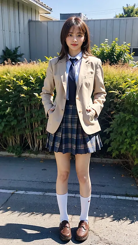 (8k、raw photos、highest quality、masterpiece:1.2)、(realistic、realistic)、1 girl、((black check mini skirt、high school uniform、blazer...