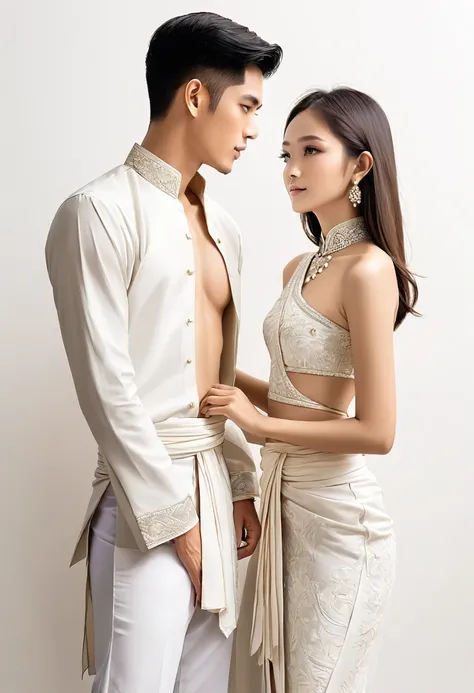 candid fashion illustration of two young man and women, 20 year old, adorned in a meticulously crafted North Thai traditional outfit, ((showcase fashion in a Northern Thai style, cotton handwoven in white color)), simple elegant and luxury style, The man w...