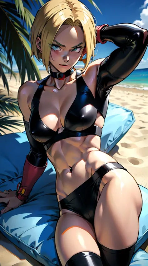 アニメ cel-shading (Android 18), bikini, on the beach in ((anime + manga + comics + cartoon) style) 