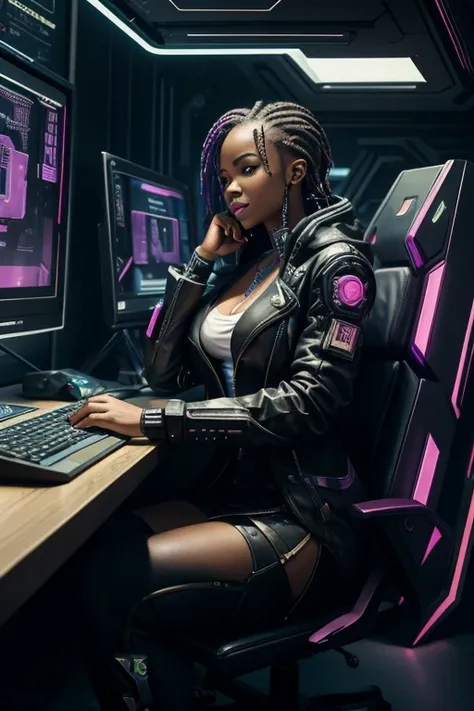 south african woman, caucasian south african woman, cyberpunk, secretary, cyberpunk background, sitting at cyberpunk desk