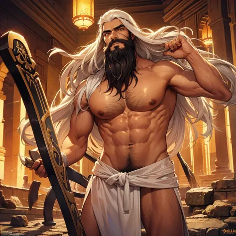 An indian man, long hair and beard, holding a battle axe, well defined muscles, althletic physic, well defined characteristics, wearing a saffron colour dhothi, no head gear, battle scars on the body