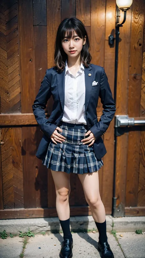 (8k、raw photos、highest quality、masterpiece:1.2)、(realistic、realistic)、1 girl、((black check mini skirt、high school uniform、blazer...