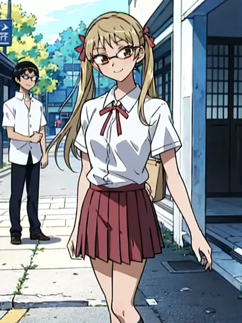 1 boy and 1 girl stand in the street,twintails,sawachika eri, brown eyes, hair ribbon,harimakenji, glasses, ,school uniform, red pleated skirt,eri,hairband, looking_at_viewer, serious, gakuran, white_shirt,smile,happy,two persons