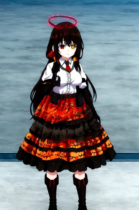 Anime adaptation for this character, (masterpiece) , (best quality), (ultra HD), 4K, tokisaki kurumi, tokisaki kurumi, heterochromia, black hair, very long hair, red right eye, yellow left eye, ornament hair, large breast, white shirt, orange necktie, belt...