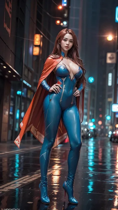 (masterpiece), (best quality), (ultra detailed), (epic lights reflections), glowing, luminous neon lights, 1girl, red eyes, red hair, full makeups, red lips, fit body hair blown by strong winds, she is a Beautiful Supergirl, very tight body shape suit, blu...