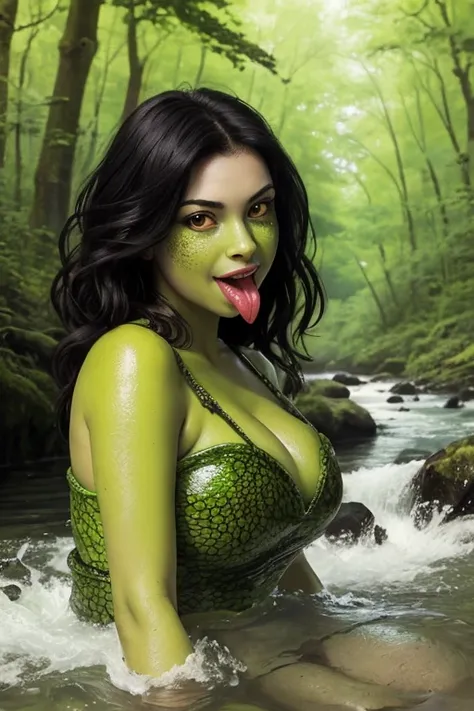 Create an image of a beautiful frog with womanly features. blackquality hair, greenskin, big yellow eyes, big mouth, in a river, in the woods 