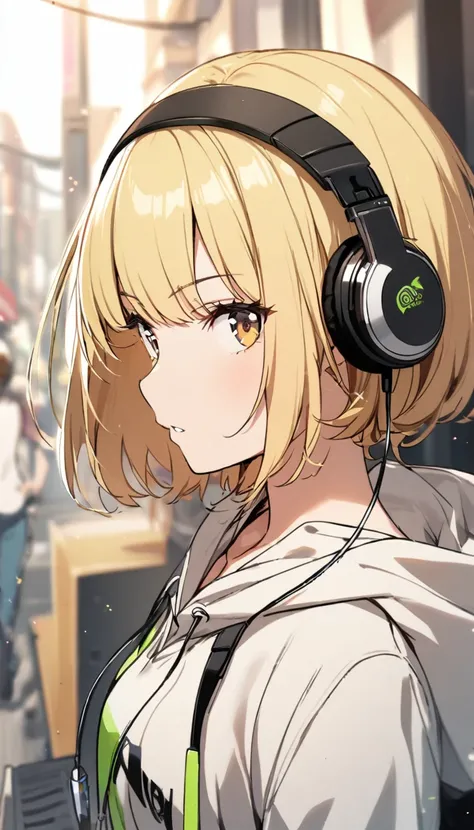 1girl, blond hair, short hair, headphone, hoodie