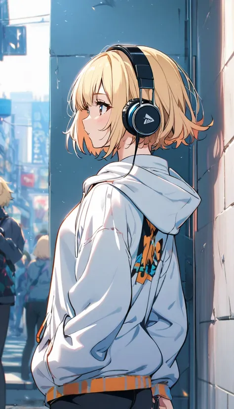 1girl, blond hair, short hair, headphone, hoodie