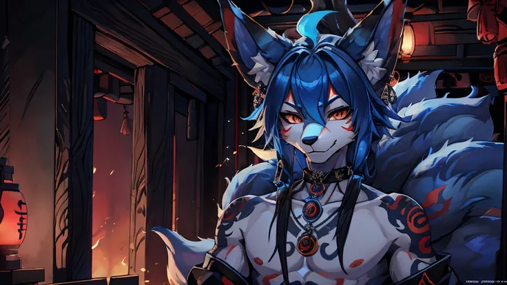 Kitsune 9 tails, add high definition_detail:1, blue fur,kitsune ears, tribal tattoo add_detail:1, in hell add_detail, batwigns add_detail Fer yokai kitsune.