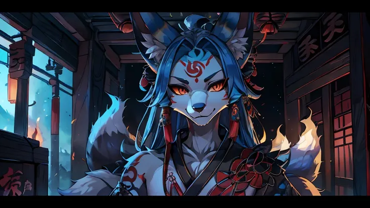 Kitsune 9 tails, add high definition_detail:1, blue fur,kitsune ears, tribal tattoo add_detail:1, in hell add_detail, batwigns add_detail Fer yokai kitsune.