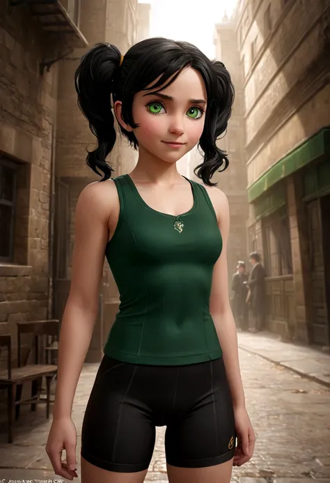 daughter of severus snape,((highest quality)),(ultra high resolution),(Super detailed),(detailed description),((best CG)),(best work of art) ,black hair, masterpiece, High resolution, One Girl，black short hair in twin tails, Green eyes，The audience watchin...