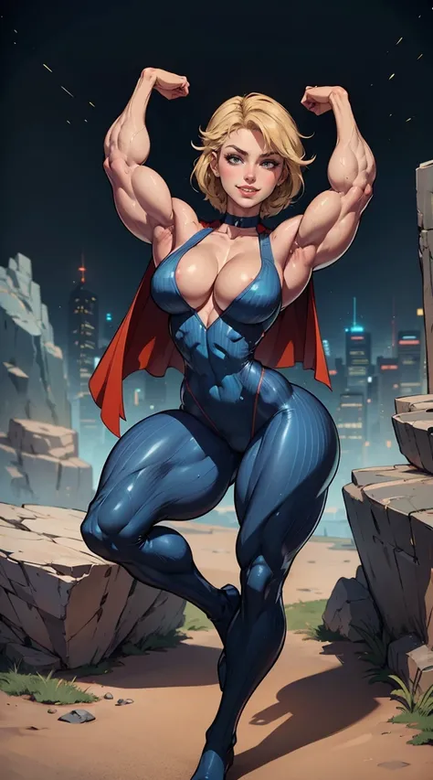 (Muscular:1.9), (thick thighs:1.9),
blonde female, (supergirl), (big smile:1.7), (blunt bangs), (ponytail:0.8),
earrings, lipstick, eyeshadow,
hard nipples, (small breasts:2),
(full body suit, blue bodysuit, cleavage:1.9), (small cape:1.3), (choker:1.2), (...