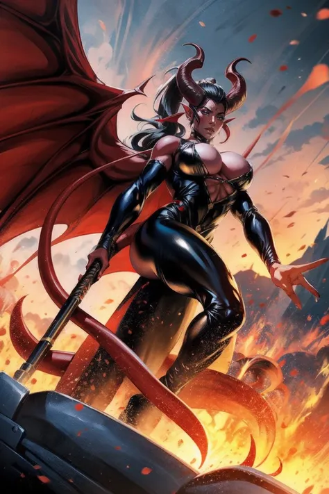 Red skin succubus tiefling, medium breasts, black horns, wings, huge tail, black leather, tall, toned, graceful, thin, long black ponytail. Action scene, shotgun.