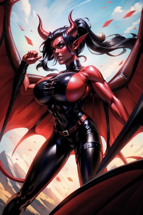 Red skin succubus tiefling, medium breasts, black horns, wings, huge tail, black leather, tall, toned, graceful, thin, long black ponytail. Action scene, shotgun.