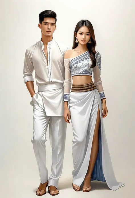 candid fashion illustration of two young man and women, 20 year old, adorned in a meticulously crafted north thai traditional ou...