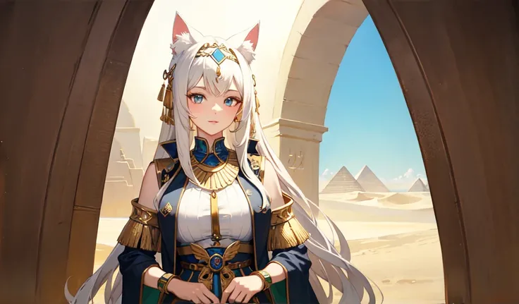 ((Highest quality)), ((masterpiece)), (detailed), 1 Cat Ear Female, celtic costume,Egypt,desert,Remains,