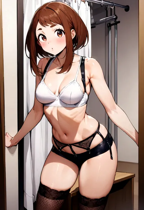 Ochako Uraraka, white bodyblouse, medium breasts, suspender belt, lace stockings, sport boyshort, perfect legs, perfect body, perfect face, Masterpiece, high quality, sexy posture, dressroom