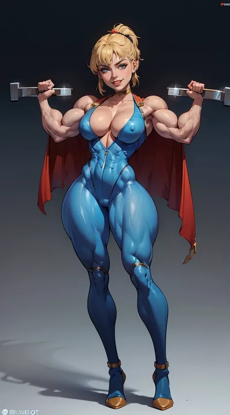 (Muscular:1.9), (thick thighs:1.9),
blonde female, (supergirl), (big smile:1.7), (blunt bangs), (ponytail:0.8),
earrings, lipstick, eyeshadow,
hard nipples, (small breasts:2),
(full body suit, blue bodysuit, cleavage:1.9), (small cape:1.3), (choker:1.2), (...